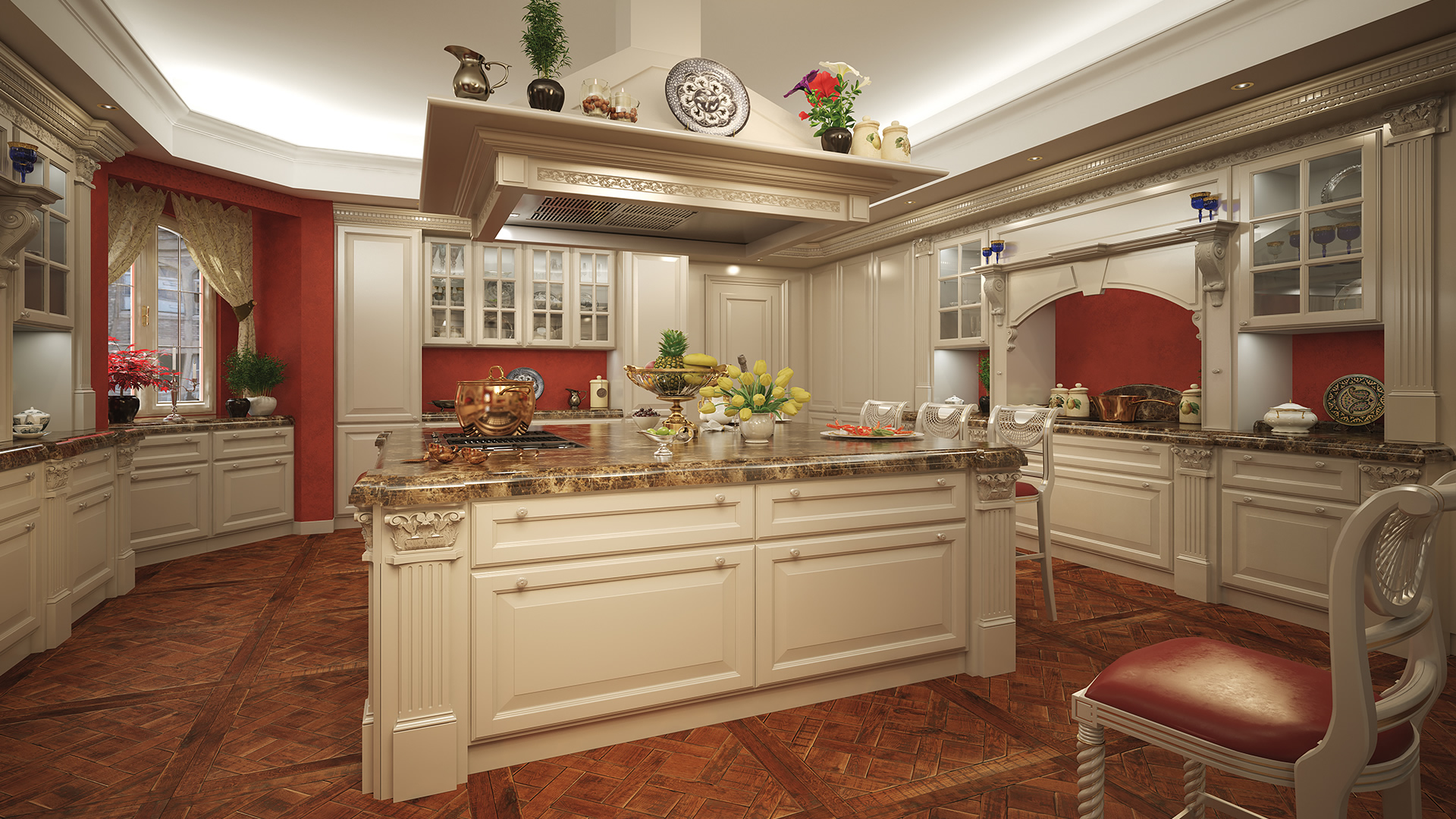 Cucina in stile classico con piano in marmo