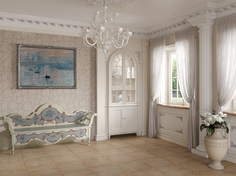 Ingresso abitazione in stile classico colori chiari e cassapanca
