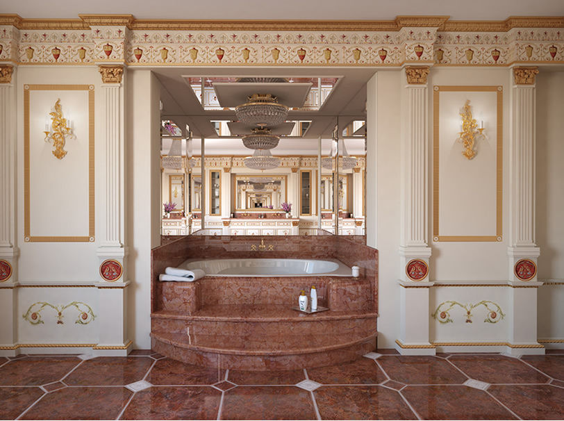 Sala da bagno con vasca idromassaggio e mobile in legno bianco decorato