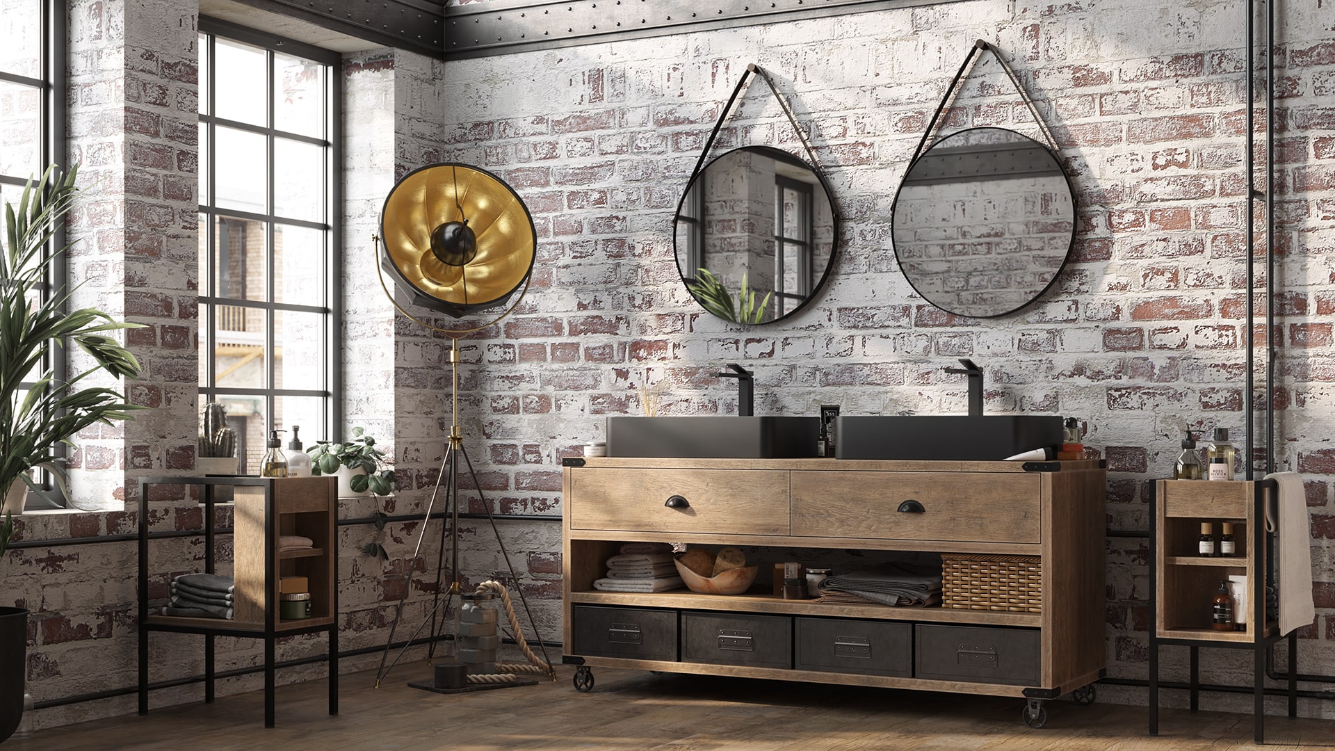 Arredo bagno padronale con mobili in stile industriale legno e nero