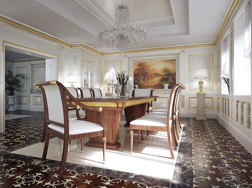 sala da pranzo con tavolo in legno e sedie foderate di bianco